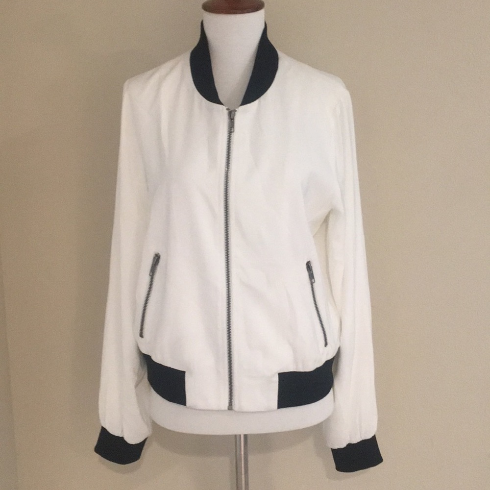 White Silky Bomber Jacket. Size: M